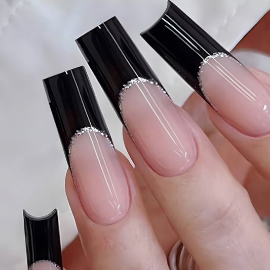 Contoured Edge Long Square Black French Tips Press On Nails