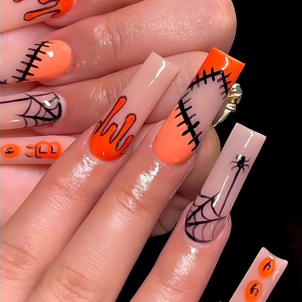 Stitched Web Long Coffin Orange Halloween Press On Nails