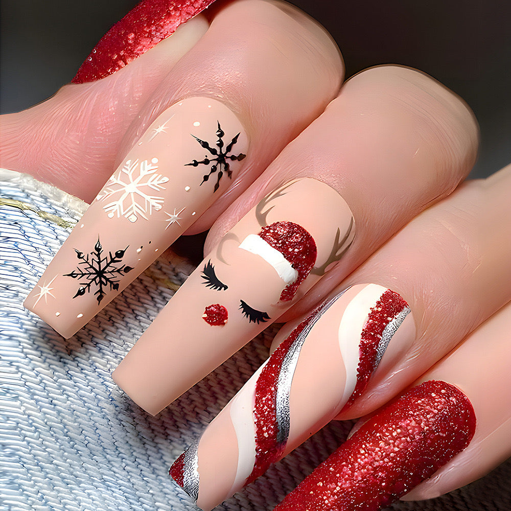 Winter Wonderland Long Coffin Beige Press-On Nails with Glitter Accents and Seasonal Appliques