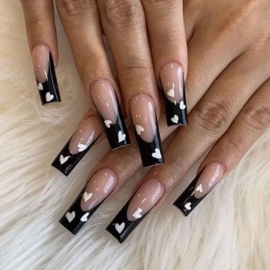 CEO Of Hearts Long Coffin Black French Tips Press On Nails