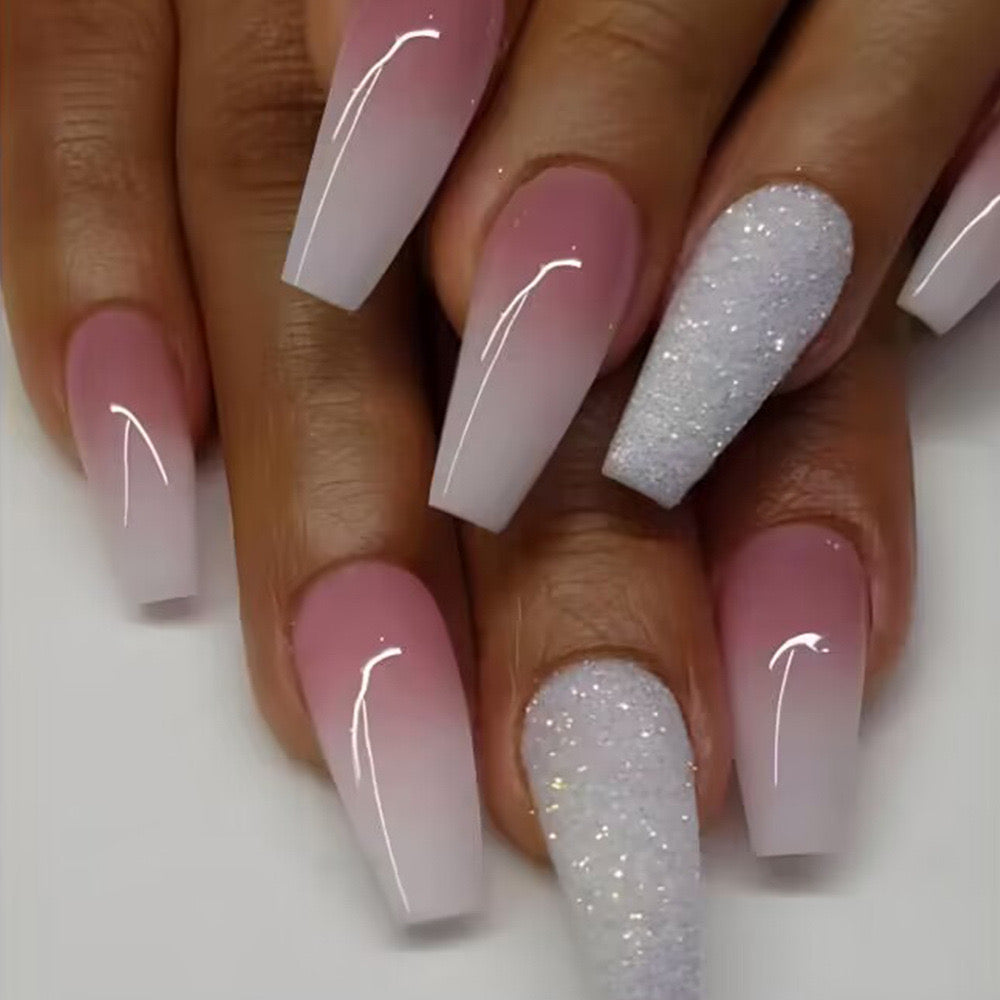 Frosty Pink Whisper Long Coffin Ombre Press-On Nail Set with Glitter Accent and Glossy Finish
