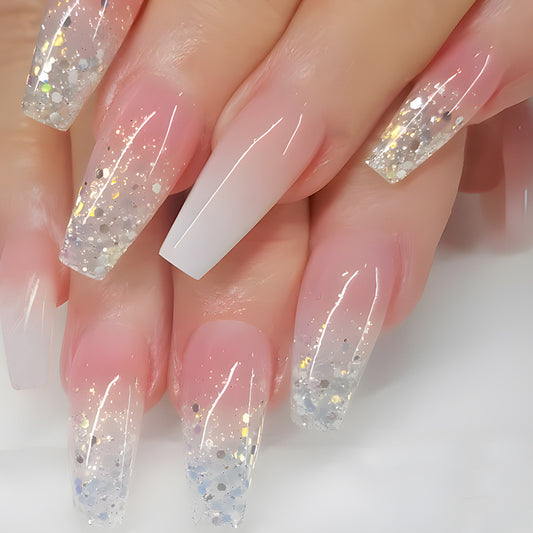 Starry Night Glam Long Coffin Ombre Press-On Nails with Sparkling Glitter Tips