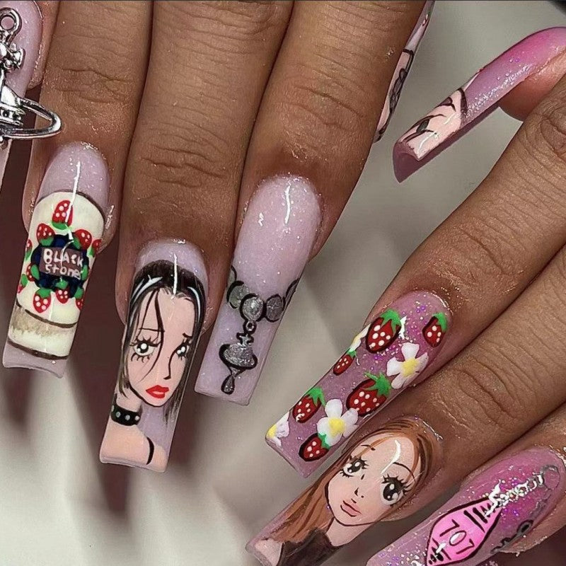 Kawaii Anime Inspired Long Square Pink Press On Nail Set With Hand Painted Cartoon Embellishments
