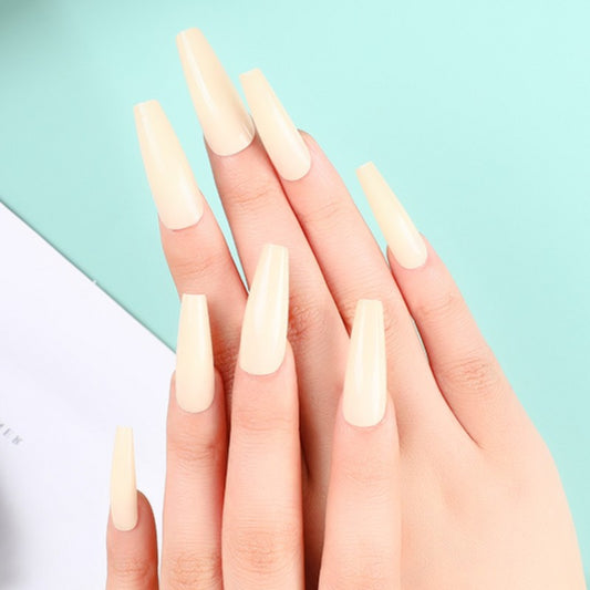 Glamorous Elegance Extra Long Coffin Beige Press On Nail Set with Glossy Finish