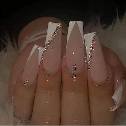 Unbearable Long Coffin White Studded Press On Nails