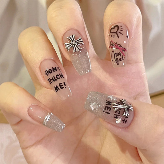 No Touching Medium Coffin Silver Jelly Press On Nails
