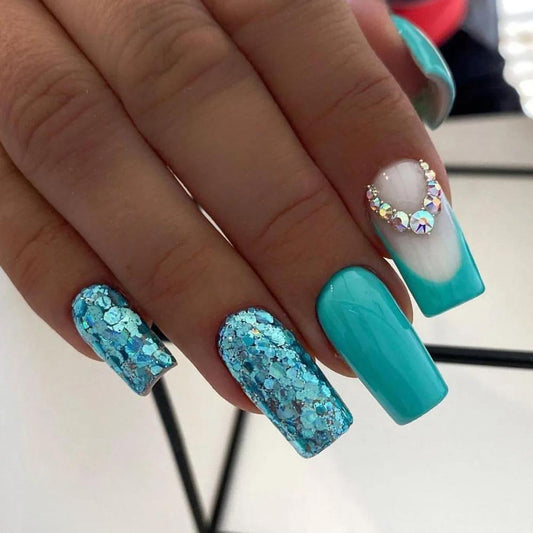Little Ariel Medium Square Blue Glitter Press On Nails