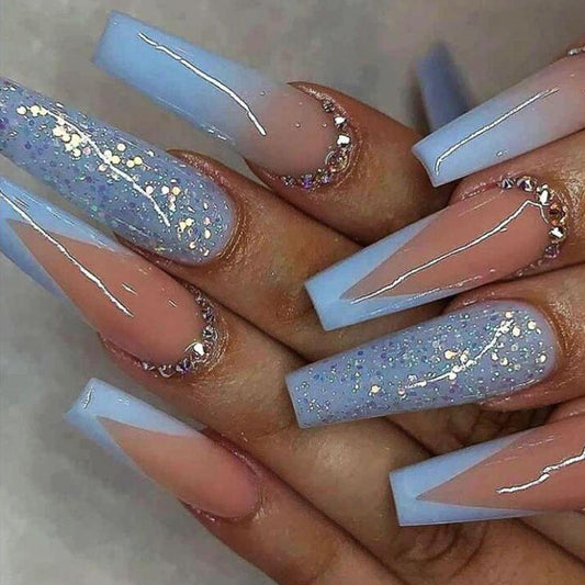 Tunnels Long Coffin Blue Glitter Press On Nails