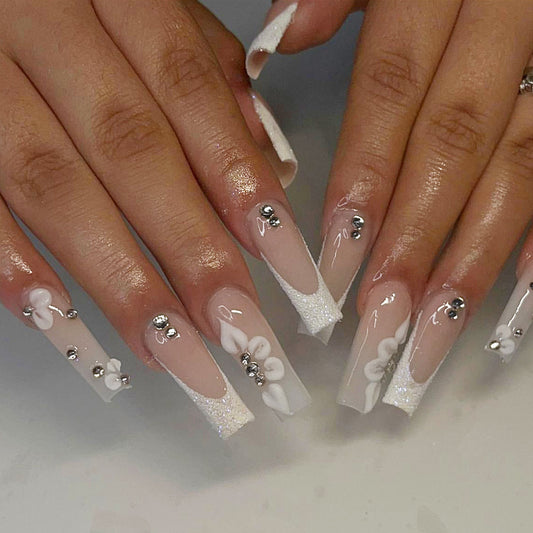 Love The Sound Long Coffin White Vacation Press On Nails