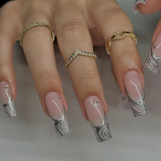Talk To Me Long Square Gray Marble Press On Nails
