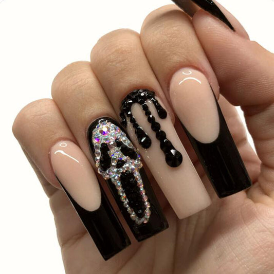 Fancy Scream Long Square Black Halloween Press On Nails