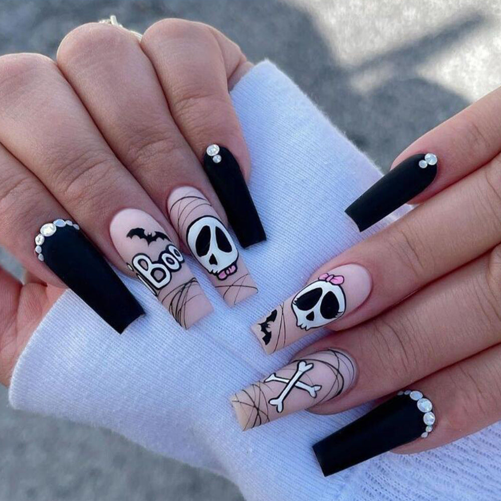 Skull Love Long Coffin Black Halloween Press On Nails