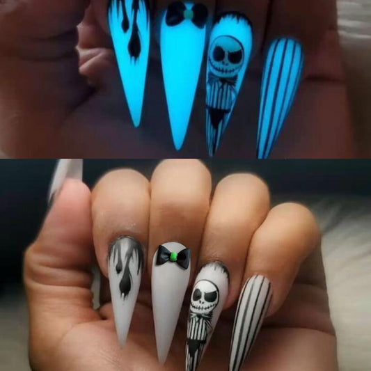 Glow In The Dark Jack Long Stiletto Black Halloween Press On Nails