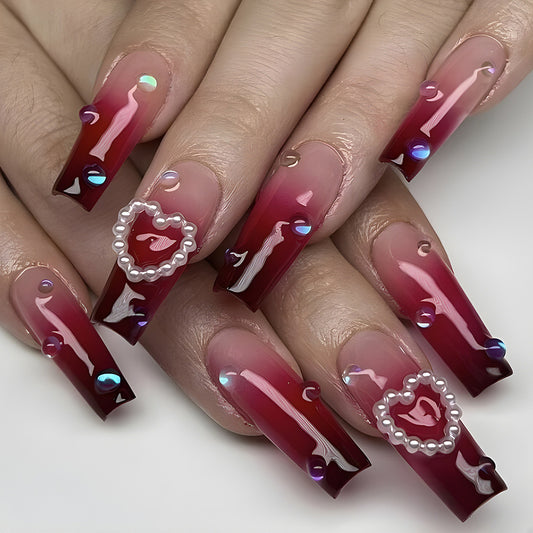 Romantic Rouge Long Coffin Press-On Nails with Pearl Embellished Lip Accents and Iridescent Rhinestones