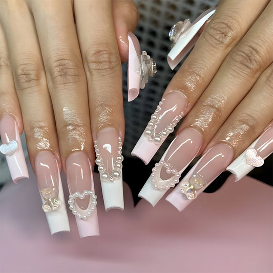 Bridal Bliss Long Coffin Pink and White Ombre Press-On Nails with Pearls and Bow Details