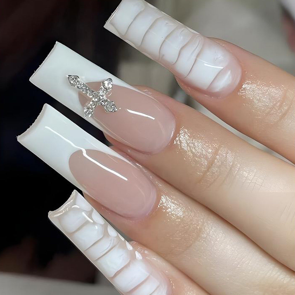 Glitz and Glam Long Square Beige Press-On Nails with Rhinestone Cross Accent