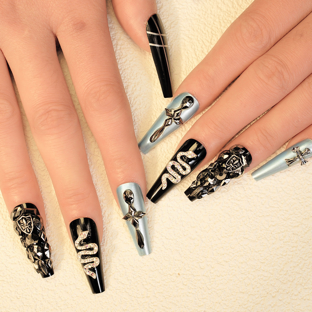 Gothic Glamour Extra Long Coffin Press-On Nails in Black and Metallic Silver with 3D Embellishments and Gem Accents