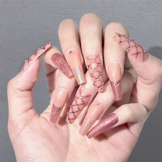 Glittering Gala Extra Long Coffin Pink Press-On Nails with Rhinestone Chains and Sparkle Accents
