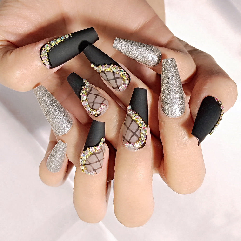 Midnight Elegance Long Coffin Matte Black Press-On Nails with Silver Glitter and Rhinestone Swirls