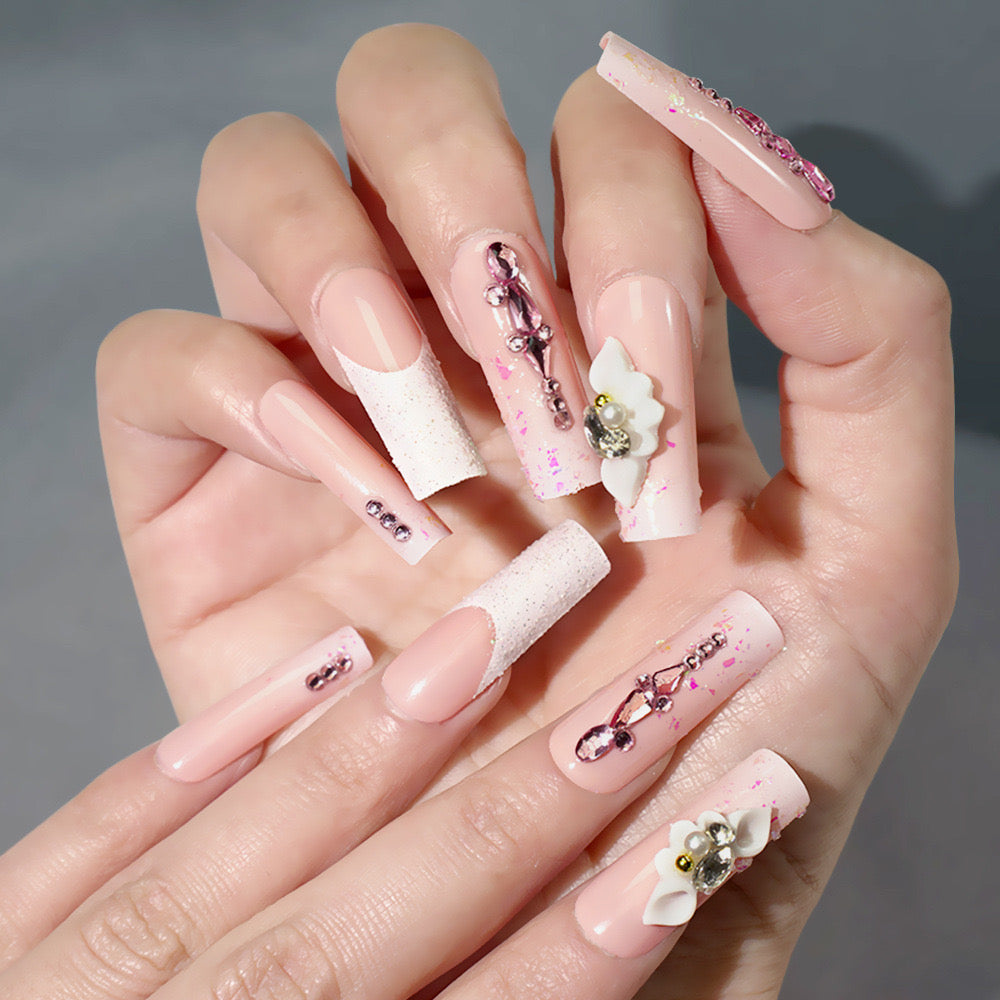 Elegant Bridal Long Square Pale Pink Press On Nail Set with 3D Embellishments and Glitter Accents