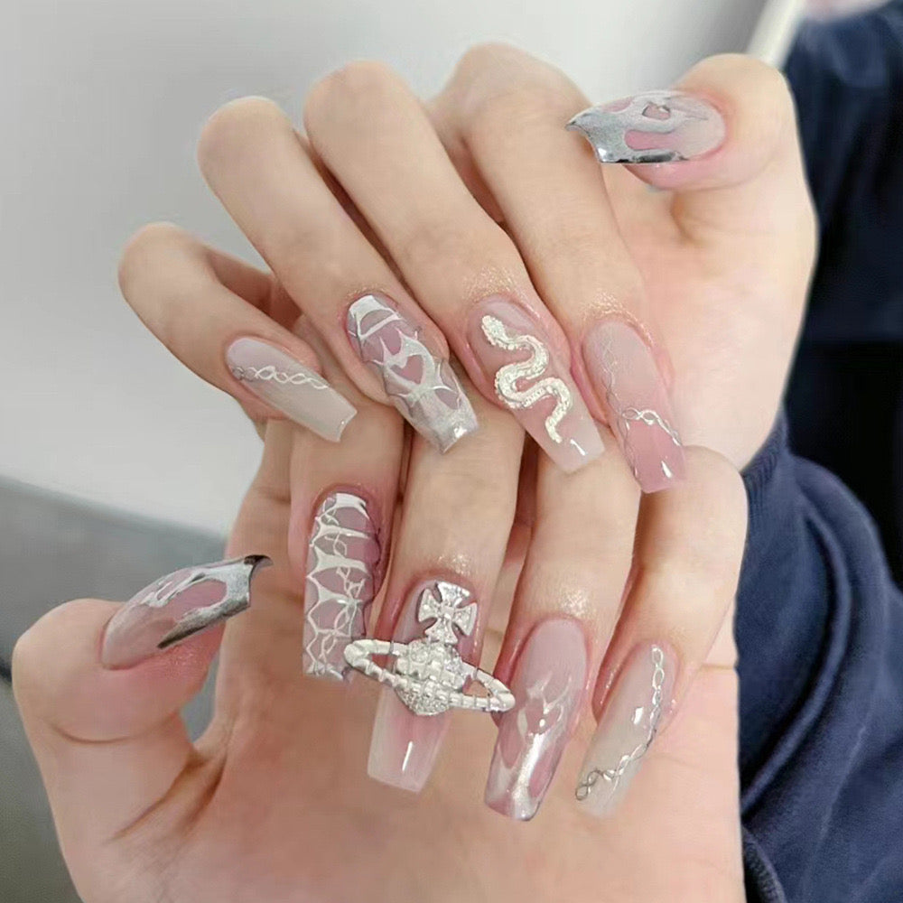 Modern Elegance Long Coffin Translucent Nails with Silver Accents and Rhinestone Embellishments