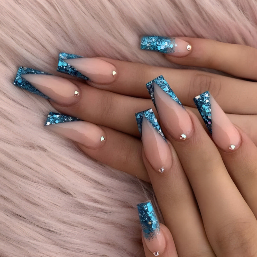 Elegant Soiree Extra Long Coffin Aquamarine Glitter Ombre Press On Nails with Crystal Accents