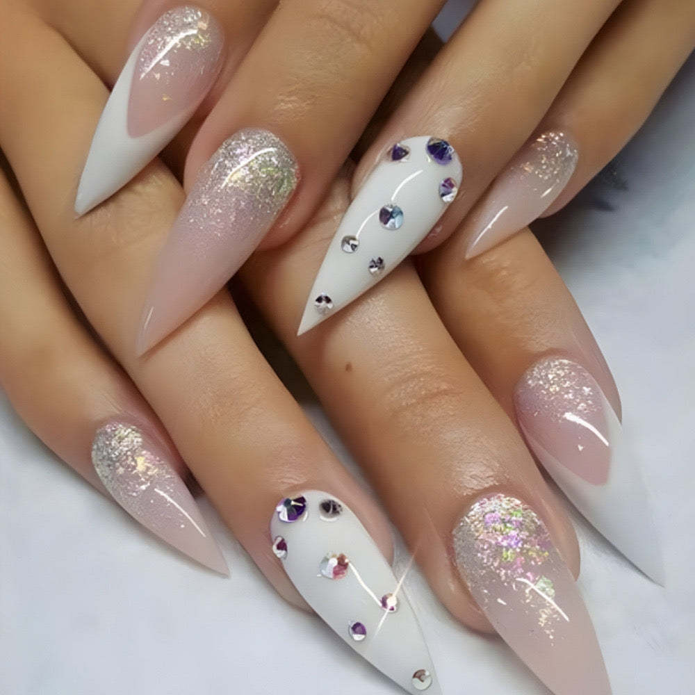 Elegant Bridal Long Stiletto Press-On Nails in Soft Pink with Glitter Overlay and Crystal Embellishments