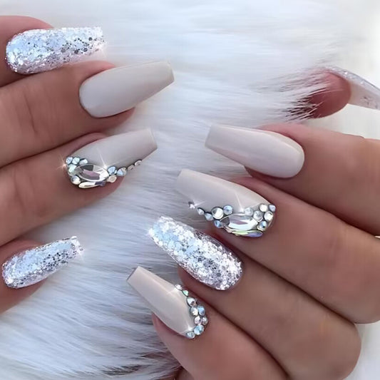 Luxe Long Coffin Beige Press-On Nails with Glitter Overlay and Gemstone Embellishments