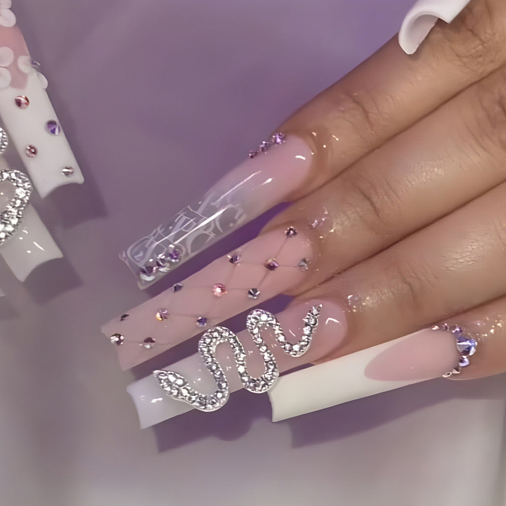 Lavish Ballroom Long Coffin Gradient Pink Press-On Nails with Crystal Accents and Artistic Swirls