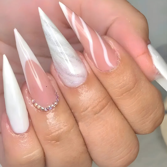 Elegant Bridal Long Stiletto Pink and White Ombre Press On Nail Set with Rhinestone Accents