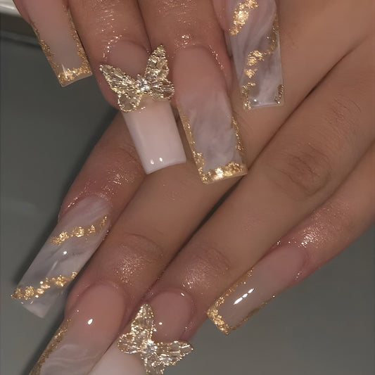 Golden Elegance Extra Long Coffin Marbled Press-on Nails with Gold Flake Butterfly Accents