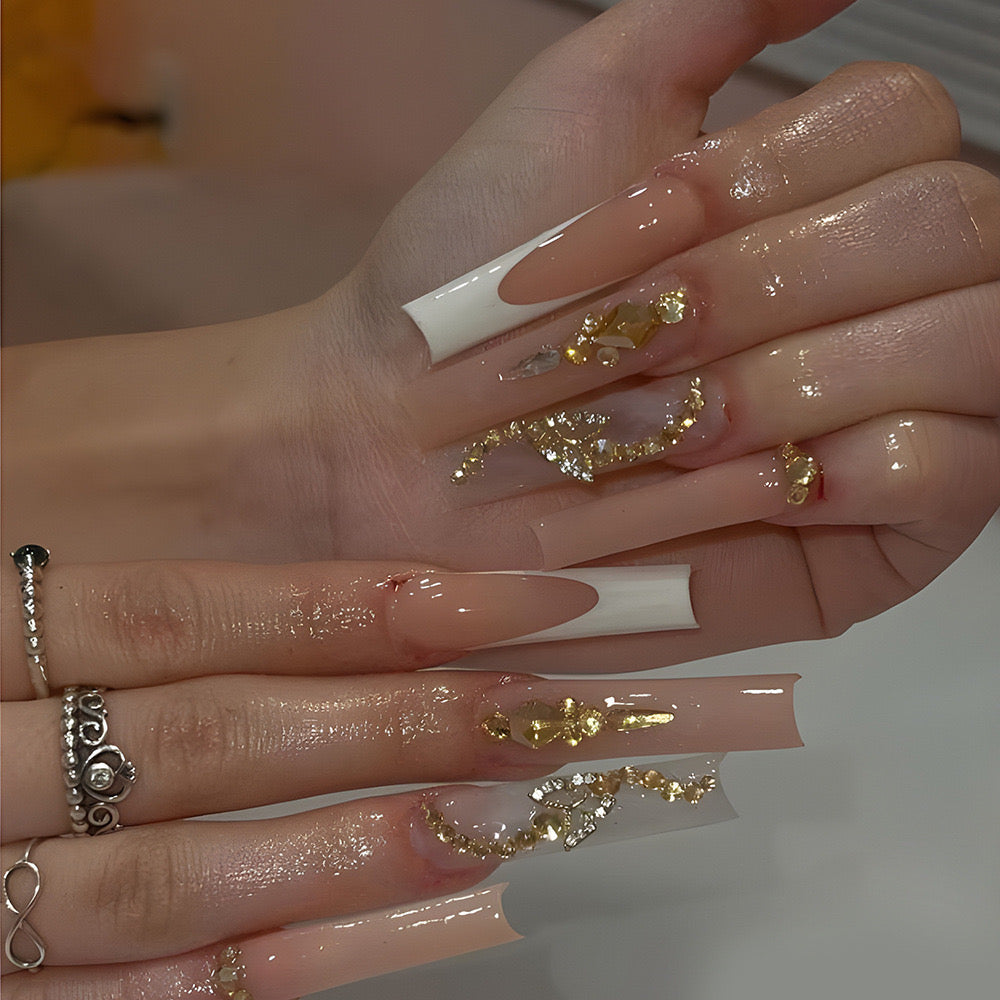 Golden Elegance Long Coffin White Press-On Nails with Sparkling Gold Accents