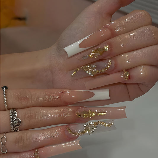 Golden Elegance Long Coffin White Press-On Nails with Sparkling Gold Accents