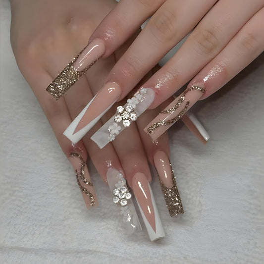 Elegant Sparkle Long Square Beige and White Press on Nail Set with Glitter Accents and Rhinestone Embellishments