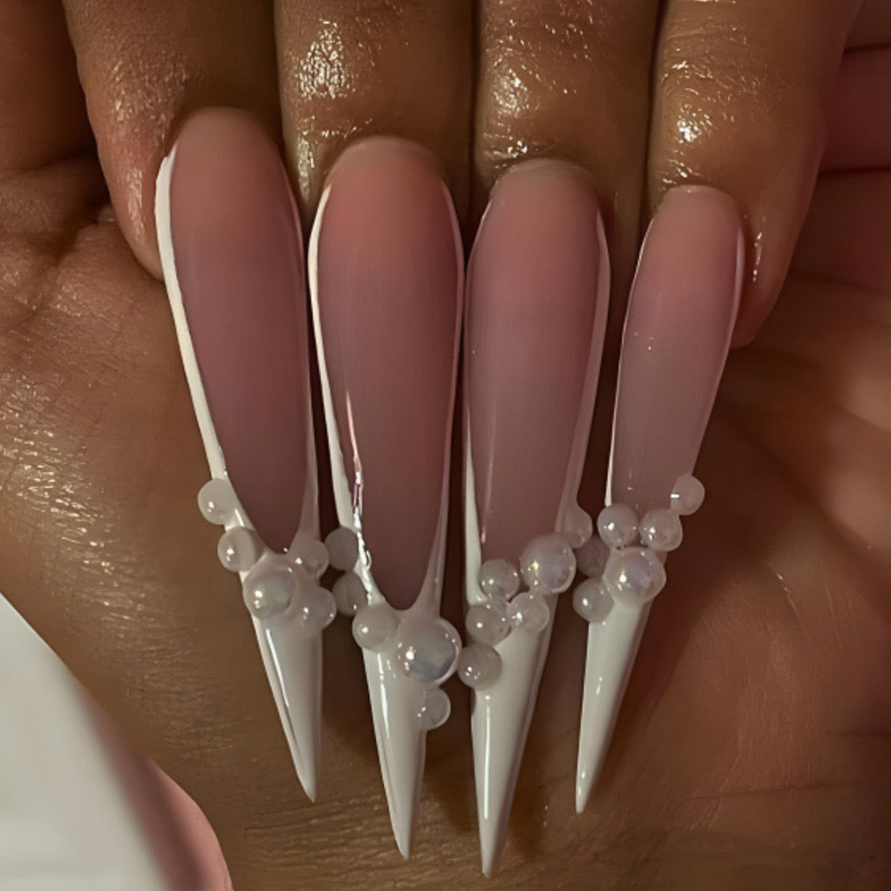 Elegant Bridal Extra Long Stiletto Sheer Beige Press-On Nails with Pearlescent Bead Embellishments