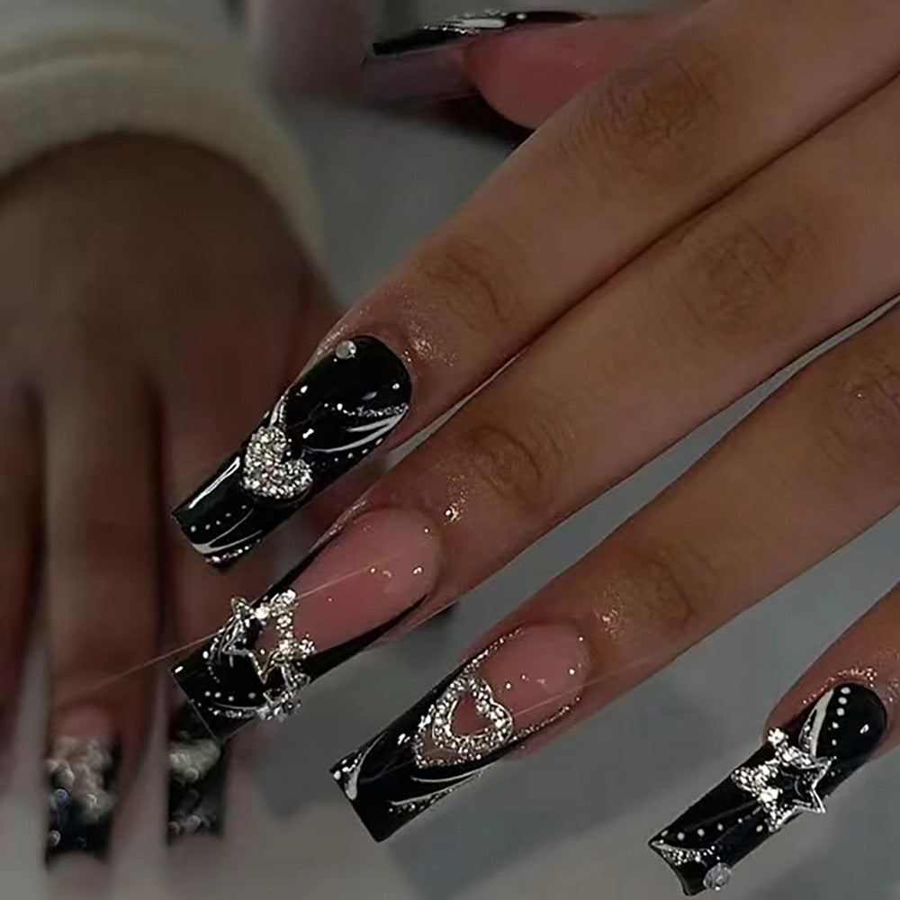 Glamorous Gala Long Coffin Black Press-On Nails with Silver Glitter and Rhinestone Accents