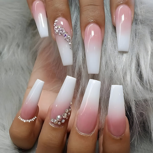 Chic Romance Long Coffin Ombre Press-on Nails with Crystal Embellishments