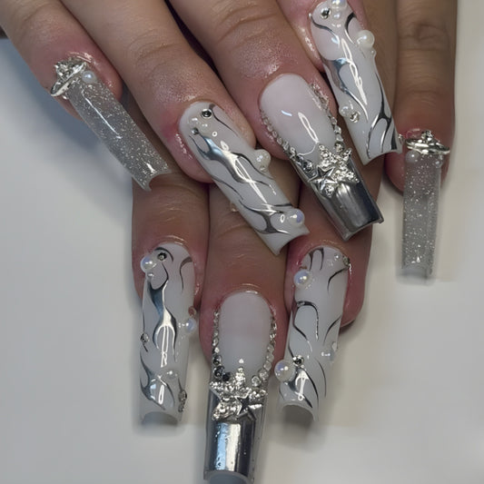 Fantasy Elegance Extra Long Coffin Glossy Silver Nails with Rhinestone Accents and Artistic Swirls