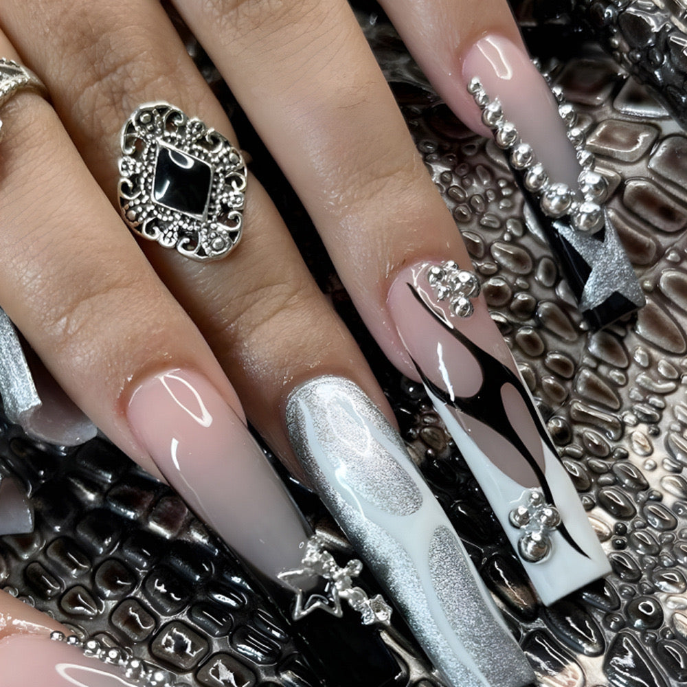 Vintage Glamour Long Coffin Black and Silver Press-On Nails with Glitter Accents and Jewel Embellishments