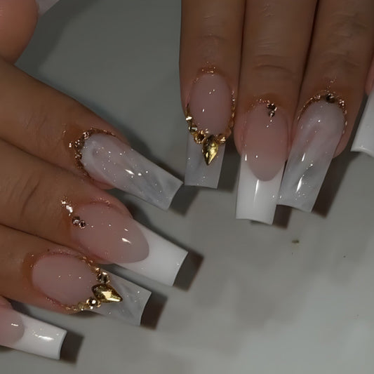Enchanted Elegance Extra Long Coffin Gradient White and Beige Press-On Nails with Gold Accents and Chains