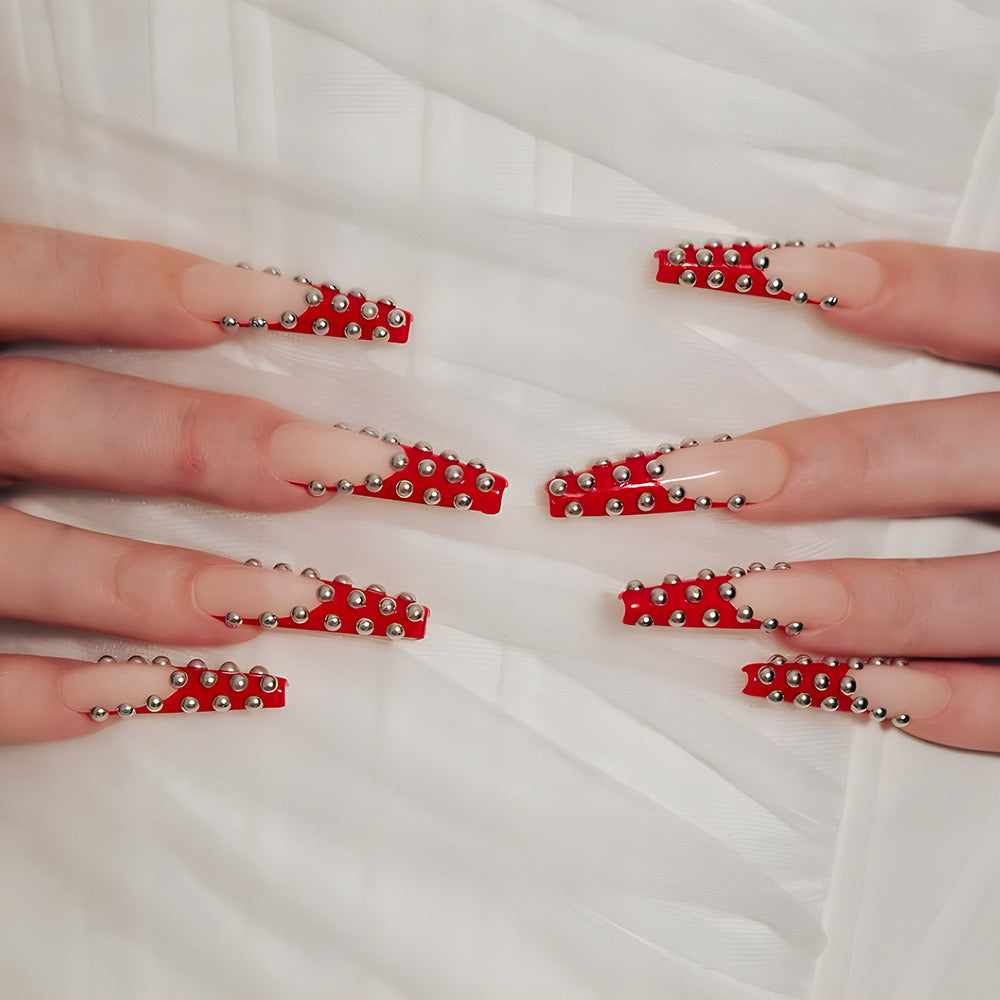 Glamorous Gala Long Coffin Red Press On Nails with Silver Rhinestone Accents