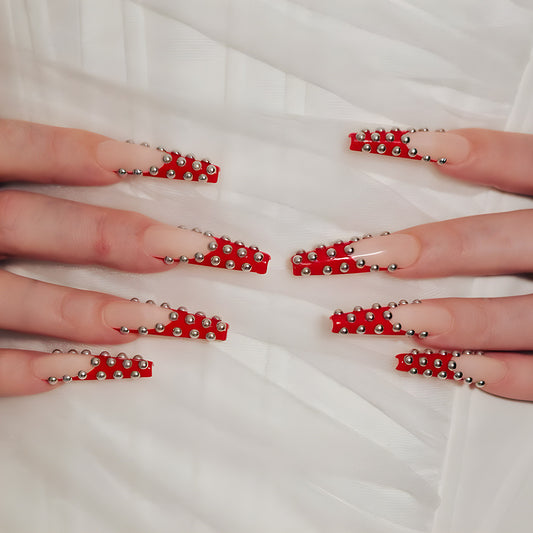 Glamorous Gala Long Coffin Red Press On Nails with Silver Rhinestone Accents