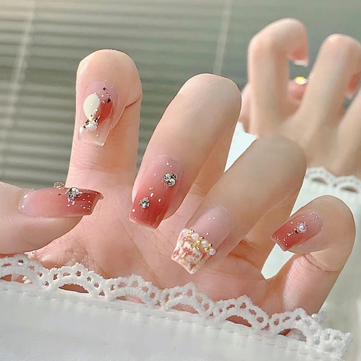 Romantic Blush Medium Square Press-On Nails with Crystal Embellishments and Glitter Accents