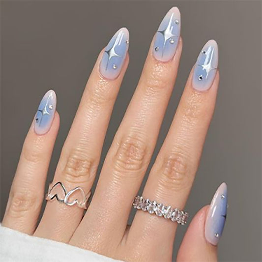 Serenity Skies Medium Almond Lavender Press-On Nails with Delicate Butterfly Embellishments