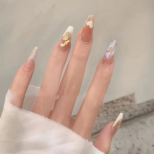 Elegant Bridal Collection Long Coffin Beige and Glitter Ombre Press On Nail Set with Gold Flake Accents