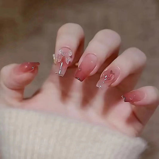 Enchanted Evening Long Coffin Blush Pink Press On Nail Set with Rhinestone Embellishments