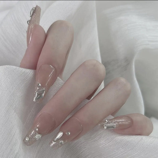 Elegant Bridal Long Coffin Beige Press on Nails with Rhinestone Accents