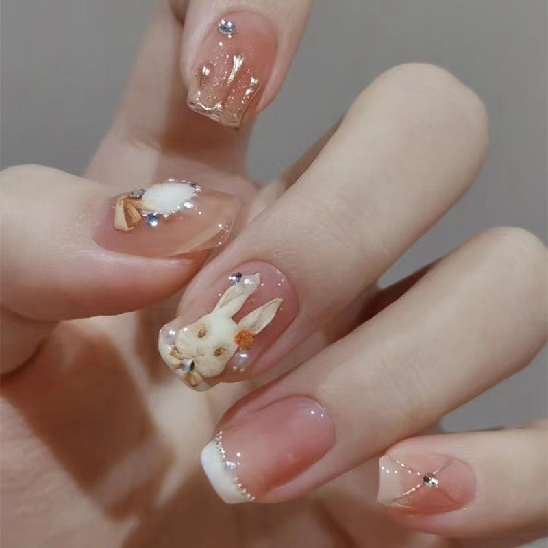 Enchanted Forest Short Length Square Shape Beige Press On Nail Set with 3D Bunny Accent