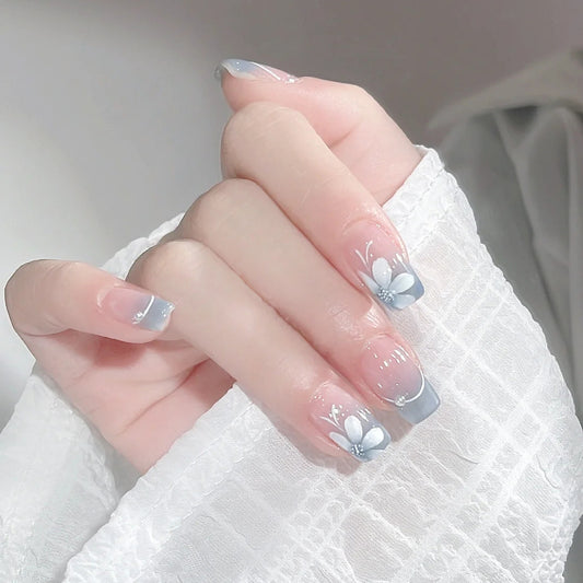 Elegant Spring Blossom Medium Square Blue Ombre Press On Nails with Floral Art Design