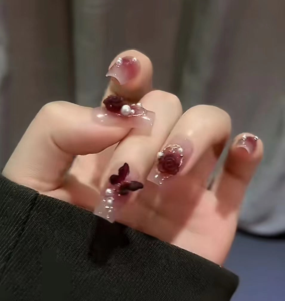 Enchanted Garden Long Coffin Burgundy Press On Nails with Floral Accents and 3D Embellishments